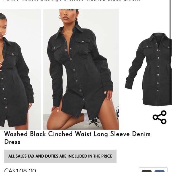 Washed Black Cinched Waist Long Sleeve Denim Dress (size 2) - Picture 2 of 2